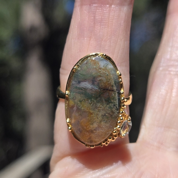 Celestial Kharma Collection by Avelon Jewelry - Moss Agate & Aquamarine Oval Sterling & Gold Statement Ring Sz7.5